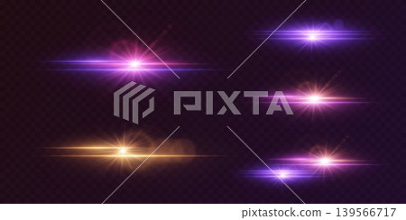 Colorful lens flares creating bright horizontal light rays and glowing starburst effects Colorful lens flares creating bright horizontal light rays and glowing starburst effects 139566717