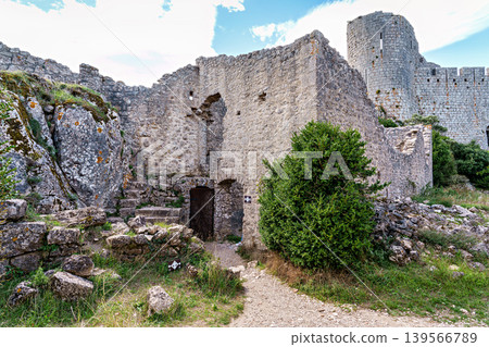 The Cathar medieval castle of Peyrepertuse in the Aude department, southern France situated in the French Pyrenees 139566789