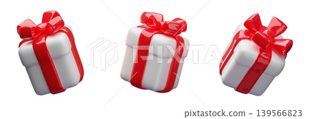 Set of realistic 3D gift boxes, close white gift box with red ribbon bow, festive surprise presents in different angles Set of realistic 3D gift boxes, close white gift box with red ribbon bow, festive surprise presents in different angles 139566823