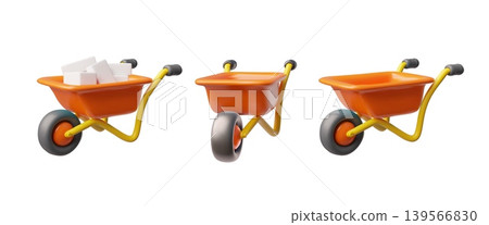 Wheelbarrow 3D mockup from various angles vector set, wheel barrow, cart with handles, construction carriage trolley 139566830