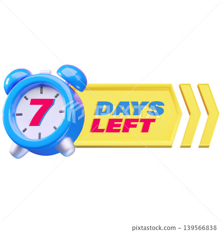 Alarm clock with seven 7 days left lettering on arrow 3d cartoon plastic style, vector deadline and time management 139566838