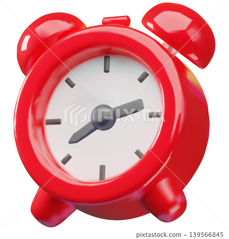 3D red alarm clock with a round shape, a white dial, a button on top, and legs. 3D red alarm clock with a round shape, a white dial, a button on top, and legs. 139566845