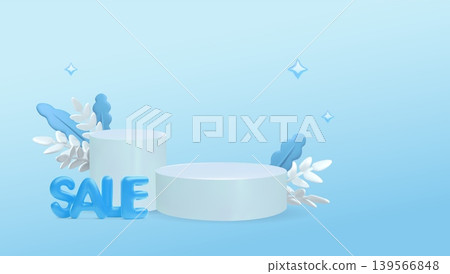 Sale banner 3D cartoon plastic style vector design, round podium, pedestals with blue leaves, discount, special offer Sale banner 3D cartoon plastic style vector design, round podium, pedestals with blue leaves, discount, special offer 139566848