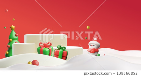 3D podium stands, level pedestals winter holiday design, snow with Christmas tree with star, gift boxes and snowman 3D podium stands, level pedestals winter holiday design, snow with Christmas tree with star, gift boxes and snowman 139566852