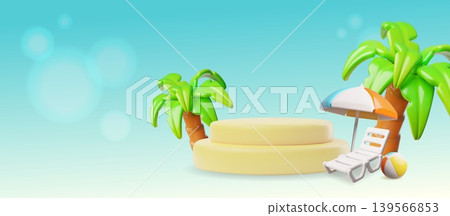 3D vector podium stands, round pedestals with palm trees, beach bed and umbrella, tropical island beach platform stage 3D vector podium stands, round pedestals with palm trees, beach bed and umbrella, tropical island beach platform stage 139566853
