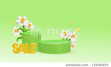 Sale banner 3D cartoon plastic style vector design, round podium pedestal with spring daffodil flowers green background Sale banner 3D cartoon plastic style vector design, round podium pedestal with spring daffodil flowers green background 139566854