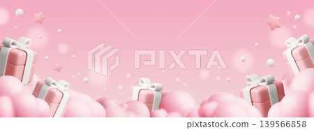 3D pink gift boxes with bow in clouds, vector realistic festive background, volume surprise birthday celebration design 3D pink gift boxes with bow in clouds, vector realistic festive background, volume surprise birthday celebration design 139566858