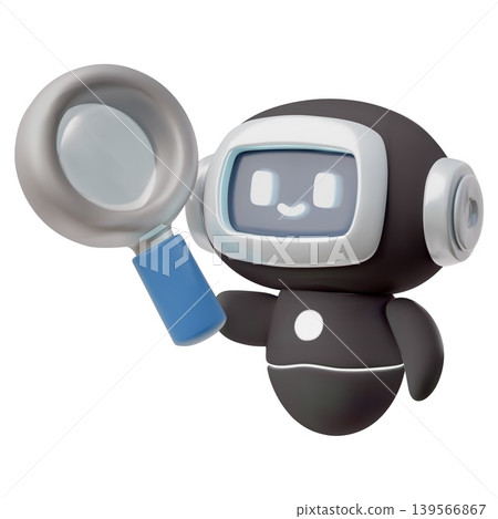 Chatbot robot with magnifying glass realistic 3D vector, black AI machine online education, assistance support service Chatbot robot with magnifying glass realistic 3D vector, black AI machine online education, assistance support service 139566867