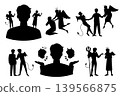 Confused man with devil and angel on different sides, decides dilemma between evil and good black silhouette vector set 139566875