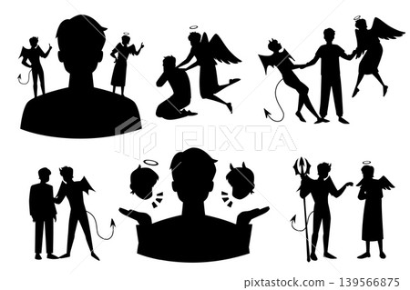 Confused man with devil and angel on different sides, decides dilemma between evil and good black silhouette vector set 139566875
