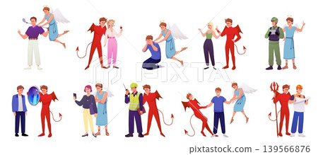 A set of characters in various life situations, with angels and demons, good and evil. 139566876