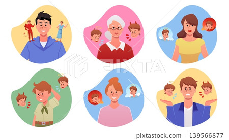 Various characters and angel and devil heads, choice between good and evil. 139566877