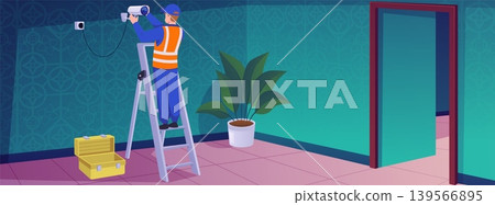 Banner with an empty room, a character on a ladder installing video surveillance. Banner with an empty room, a character on a ladder installing video surveillance. 139566895