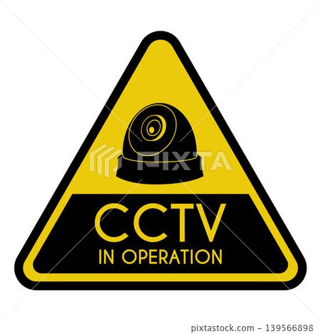 A yellow warning sign, triangular in shape, with a black silhouette of a dome camera and the text "CCTV IN OPERATION." A yellow warning sign, triangular in shape, with a black silhouette of a dome camera and the text "CCTV IN OPERATION." 139566898