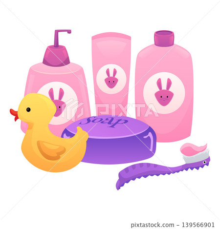 A set of baby hygiene products with pink bottles, a bar of soap, a rubber duck, and a toothbrush. A set of baby hygiene products with pink bottles, a bar of soap, a rubber duck, and a toothbrush. 139566901