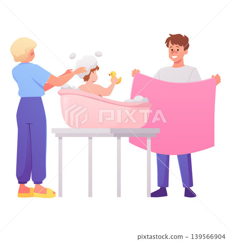 A baby bathing process in a pink bathtub with a bubble bath, a duck, parents, and a towel. A baby bathing process in a pink bathtub with a bubble bath, a duck, parents, and a towel. 139566904