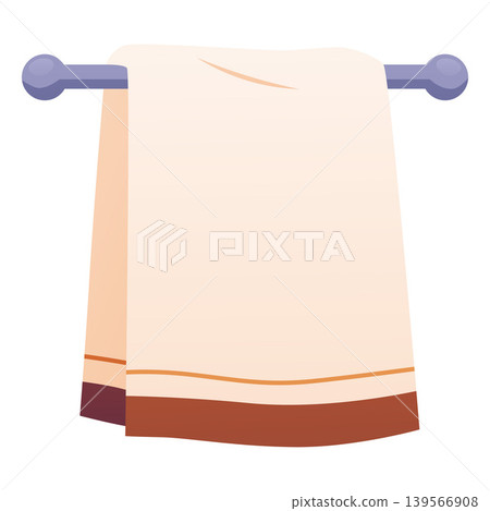 A beige terry towel with a brown border hangs on a wall holder. A beige terry towel with a brown border hangs on a wall holder. 139566908