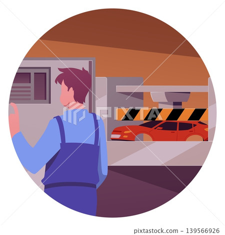 A round frame with a character operating a hydraulic press for recycling an old car. A round frame with a character operating a hydraulic press for recycling an old car. 139566926