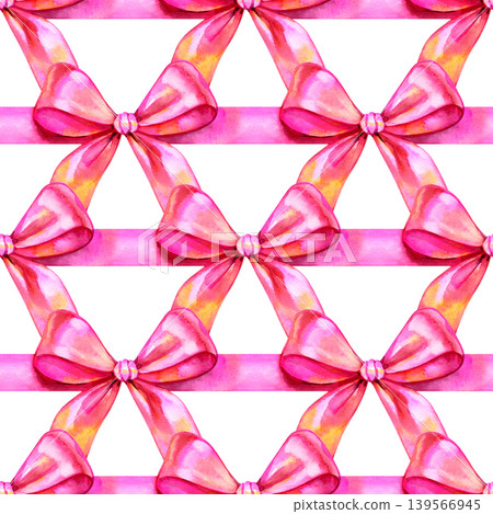 Watercolor seamless pattern featuring a geometric lattice of vibrant pink silk ribbons and elegant bows. A delicate hand drawn decorative background perfect for feminine gift wrap, girl's birthday Watercolor seamless pattern featuring a geometric lattice of vibrant pink silk ribbons and elegant bows. A delicate hand drawn decorative background perfect for feminine gift wrap, girl's birthday 139566945
