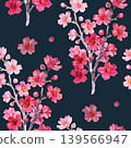 Watercolor seamless pattern featuring delicate branches of pink cherry blossoms and scattered petals. A romantic hand drawn botanical background ideal for spring fashion, textiles, and wedding 139566947