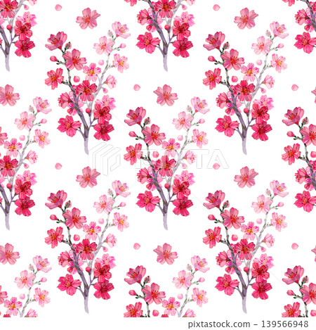 Watercolor seamless pattern featuring delicate branches of pink cherry blossoms and scattered petals. A romantic hand drawn botanical background ideal for spring fashion, textiles, and wedding 139566948
