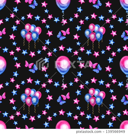 Watercolor seamless pattern for a gender reveal party featuring pink and blue balloons, butterflies, and sparkling stars. A festive hand drawn background perfect for baby shower textiles and gift wrap Watercolor seamless pattern for a gender reveal party featuring pink and blue balloons, butterflies, and sparkling stars. A festive hand drawn background perfect for baby shower textiles and gift wrap 139566949