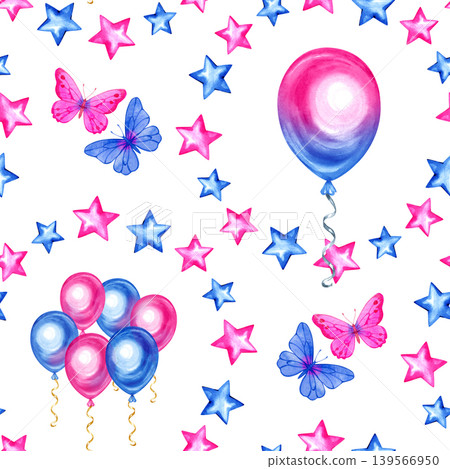 Watercolor seamless pattern for a gender reveal party featuring pink and blue balloons, butterflies, and sparkling stars. A festive hand drawn background perfect for baby shower textiles and gift wrap 139566950