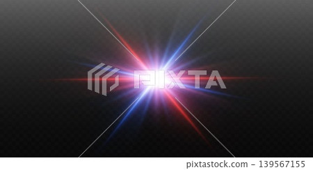 Bright light lens flare with red and blue glowing beams on dark background 139567155