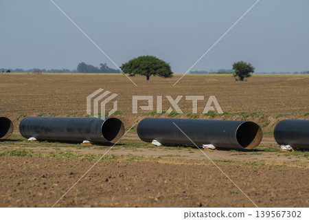Gas pipeline construction, La Pampa province , Patagonia, Argentina. Gas pipeline construction, La Pampa province , Patagonia, Argentina. 139567302
