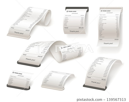 Purchase receipt slot. Realistic paper bill from pos terminal slots, atm check slip ticket tax order payment cash pay restaurant pos print 3d cheque set garish vector illustration Purchase receipt slot. Realistic paper bill from pos terminal slots, atm check slip ticket tax order payment cash pay restaurant pos print 3d cheque set garish vector illustration 139567313