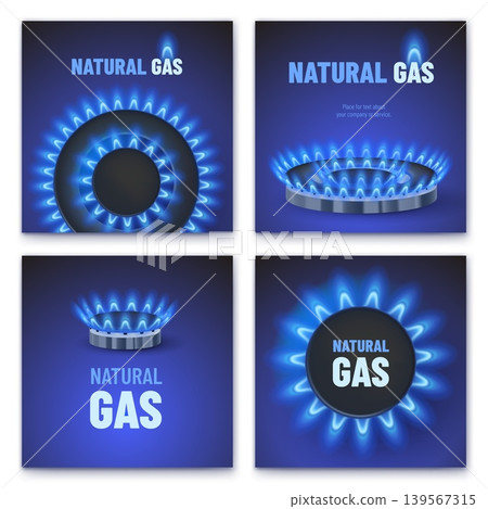 Natural gas poster. Methane propane ad banner cards, kitchen stove burner blue fire flame gaz energy cooker hob cooktop home cooking realistic burners garish vector illustration Natural gas poster. Methane propane ad banner cards, kitchen stove burner blue fire flame gaz energy cooker hob cooktop home cooking realistic burners garish vector illustration 139567315