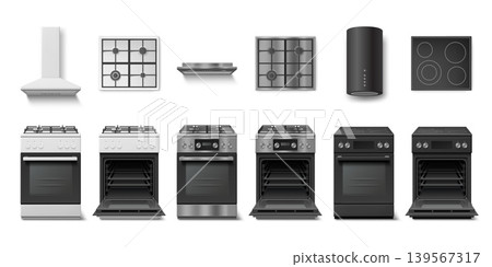 Realistic stove. Kitchen oven cooker gas electric hob, stainless modern grill burner open door cook top view cooking hood home appliance 3d isolated set garish vector illustration 139567317