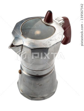 A classic Italian aluminium moka pot isolated on a white background. 139567342