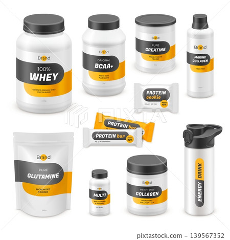 Realistic sports nutrition. 3d jar whey protein, sport supplement bottle label product mockup powder plastic container gym fitness drink shake bar set garish vector illustration Realistic sports nutrition. 3d jar whey protein, sport supplement bottle label product mockup powder plastic container gym fitness drink shake bar set garish vector illustration 139567352