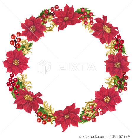 Vibrant Christmas wreath with red poinsettias, holly berries, fir branches, and gold vignettes. Elegant watercolor frame template for cards, invitation, seasonal decor, branding, label, holiday craft Vibrant Christmas wreath with red poinsettias, holly berries, fir branches, and gold vignettes. Elegant watercolor frame template for cards, invitation, seasonal decor, branding, label, holiday craft 139567559