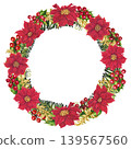 Vibrant Christmas wreath with red poinsettias, holly berries, fir branches, and gold vignettes. Elegant watercolor frame template for cards, invitation, seasonal decor, branding, label, holiday craft 139567560