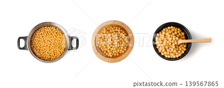 Soaked chickpeas, chick pea in water, swollen wet Cicer arietinum fruits, garbanzo beans cooking 139567865