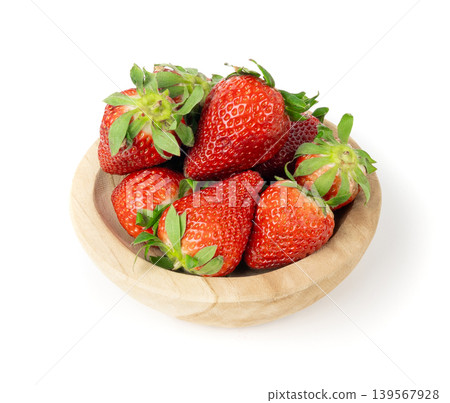 Fresh strawberry isolated, whole ripe straw berry, red juicy imperfect strawberri with green leaves 139567928