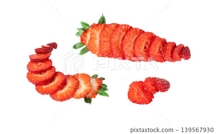 Strawberry pieces isolated, red berry cut set, fresh strawberries slices, summer food ingredient Strawberry pieces isolated, red berry cut set, fresh strawberries slices, summer food ingredient 139567930