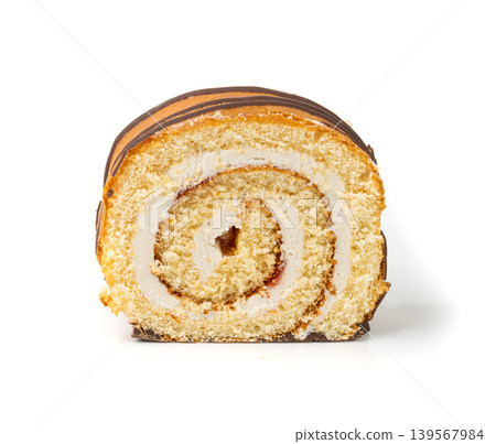 Swiss Roll, Round Sponge Cake Isolated, Sliced Rolled Vanilla Biscuit with Jam Filling Swiss Roll, Round Sponge Cake Isolated, Sliced Rolled Vanilla Biscuit with Jam Filling 139567984