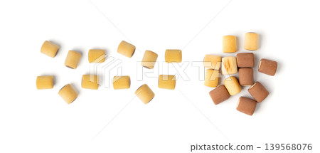 Filled dog biscuits, crackers isolated, soft crunchy pet treats pile, flavored small canine cookie Filled dog biscuits, crackers isolated, soft crunchy pet treats pile, flavored small canine cookie 139568076