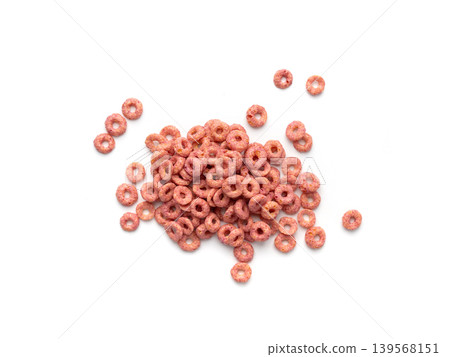 Pink Cereal Rings Isolated, Fruit Breakfast Rice Loops 139568151