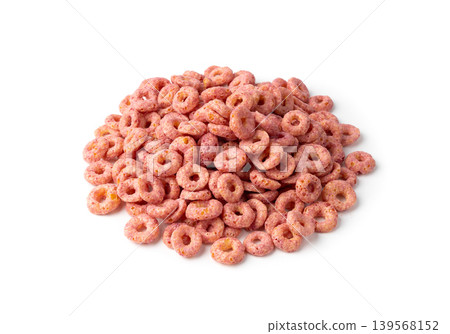 Pink Cereal Rings Isolated, Fruit Breakfast Rice Loops Pink Cereal Rings Isolated, Fruit Breakfast Rice Loops 139568152