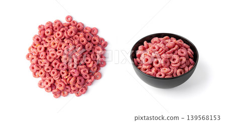 Pink Cereal Rings Isolated, Fruit Breakfast Rice Loops Pink Cereal Rings Isolated, Fruit Breakfast Rice Loops 139568153