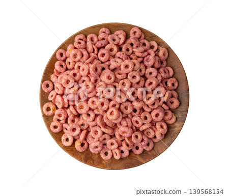 Pink Cereal Rings Isolated, Fruit Breakfast Rice Loops Pink Cereal Rings Isolated, Fruit Breakfast Rice Loops 139568154