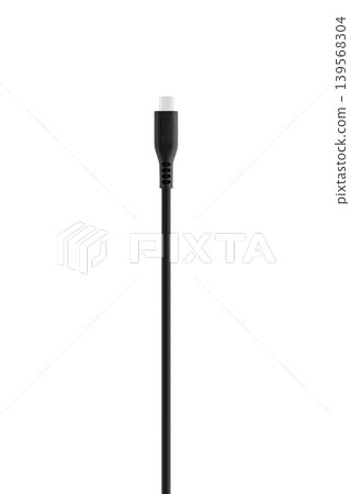 Black cable for charging and synchronization with Type - C, Lightning connectors on a white background Black cable for charging and synchronization with Type - C, Lightning connectors on a white background 139568304