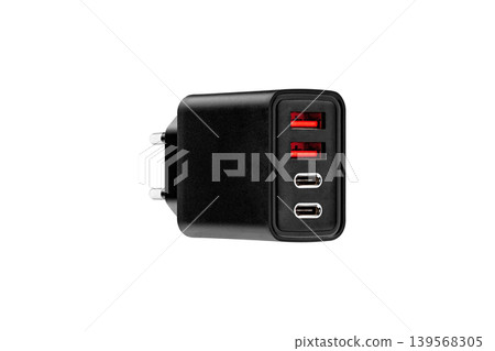 power adapter, charging adapter with USB and Type-C connector on isolated and white background, power adapter, charging adapter with USB and Type-C connector on isolated and white background, 139568305