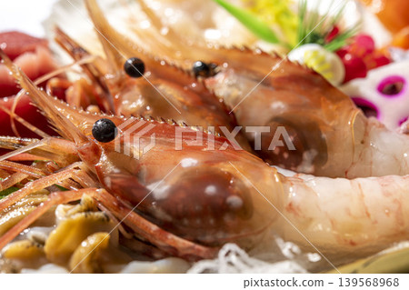 A luxurious sashimi platter featuring spot prawns - New Year's A luxurious sashimi platter featuring spot prawns - New Year's 139568968