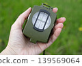 Person holding a green military compass in hand on a blurred grass background, navigational tool for orientation and travel outdoor 139569064
