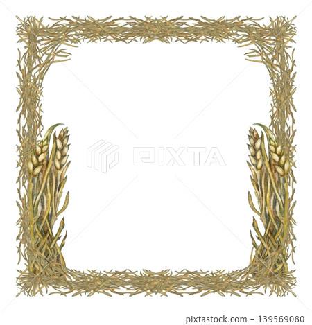 Watercolor rustic square frame of hay, forming wreath. Natural organic texture with a soft vintage feel, ideal for Easter designs, branding, invitations, packaging, and seasonal stationery Watercolor rustic square frame of hay, forming wreath. Natural organic texture with a soft vintage feel, ideal for Easter designs, branding, invitations, packaging, and seasonal stationery 139569080
